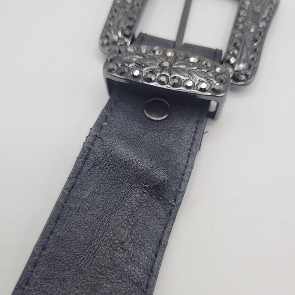 Black Leather Belt Sml Western Cowgirl Rhinestone Buckle Studs Boho Rodeo Bling main image 8